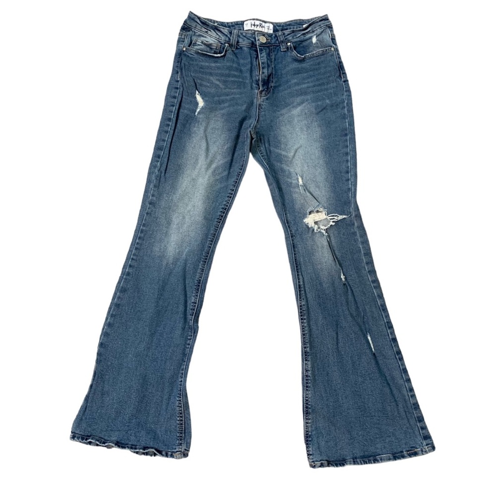 Indigo Rein Womens Flare Jeans Blue Stretch Distressed Medium Wash Denim 28